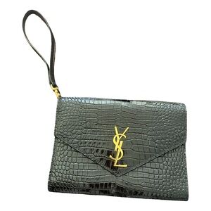 Saint Laurent Black Croc-Embossed Wristlet with Gold Logo